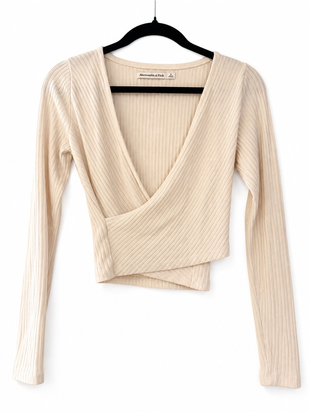 Abercrombie & Fitch White Ribbed Wrap Long Sleeve Crop Top Size S